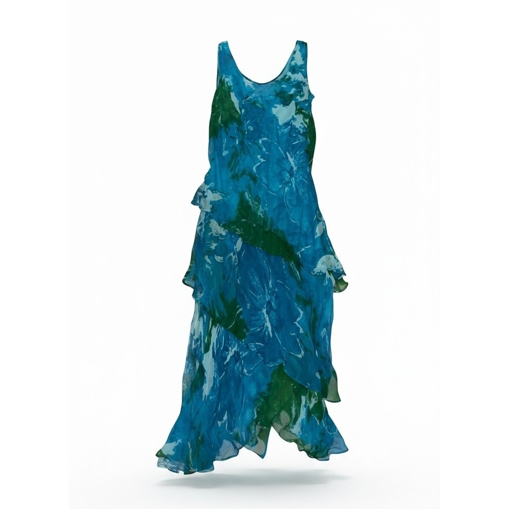 Vintage Phool Green Watercolor Abstract Tiered Ruffle Sleeveless